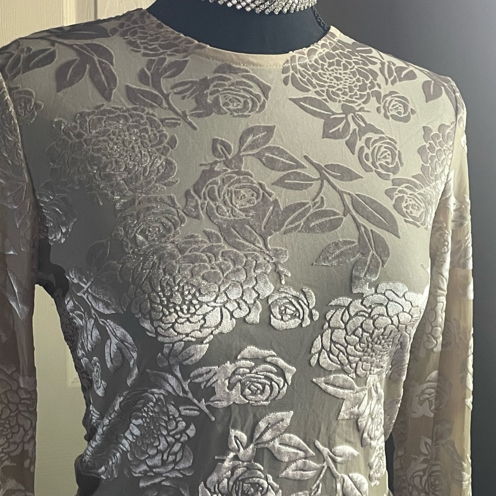 Long Sleeve Floral Burnout Top in Beige and White - Picture 2 of 3